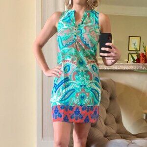 Tracy Negoshian XS Sleeveless Colorful Paisley Print Shift Dress Gold Buttons